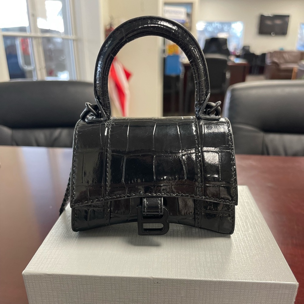 Balenciaga hourglass mini handbag with chain crocodile embossed in black